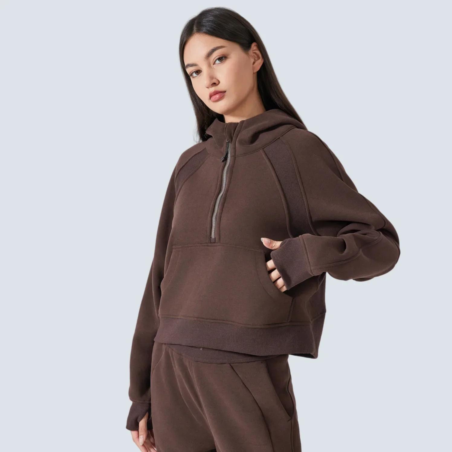 Sweats à capuche demi-zip Smile pour femmes, sweat-shirt chaud, veste de sport avec trou pour les po