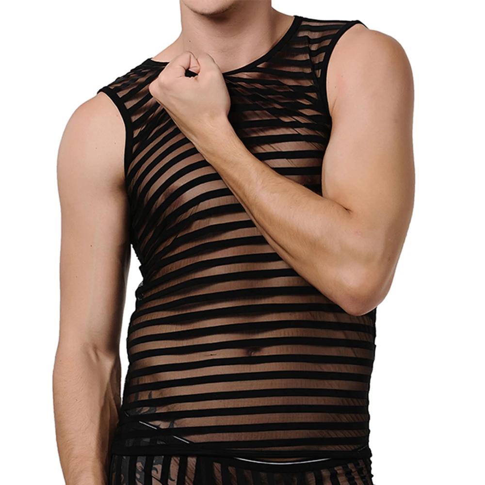 Débardeur Transparent rayé en maille pour hommes, noir, Sexy, à séchage rapide, mode décontractée, é