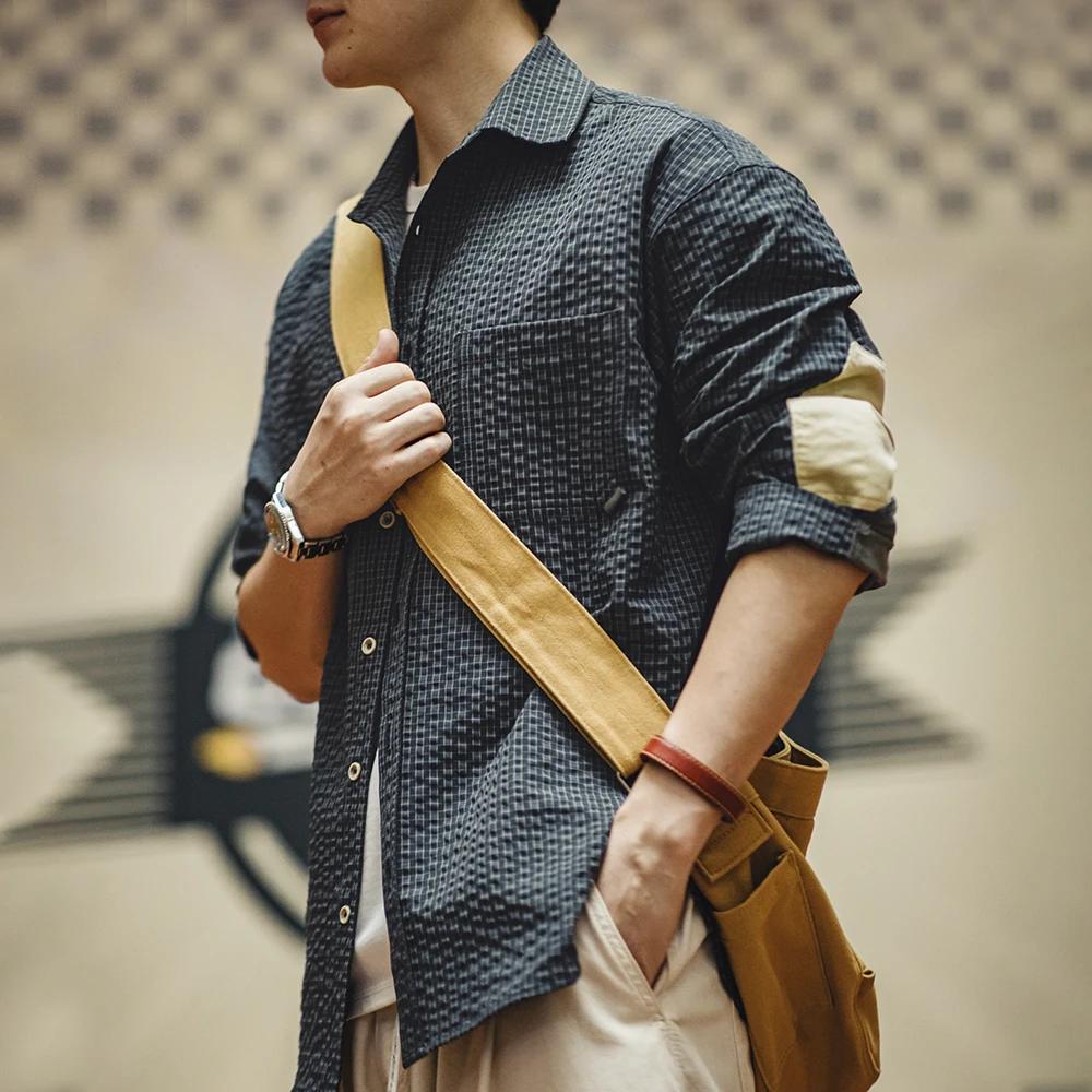 Maden-Chemise à carreaux rétro Seersucker pour homme, manches longues, revers texturé, épissage, con