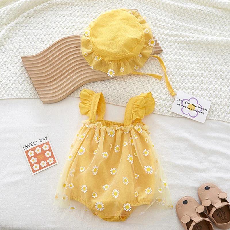 Vêtements d'été pour bébés filles, combinaison + chapeau, manches volantes, impression en coton, mai