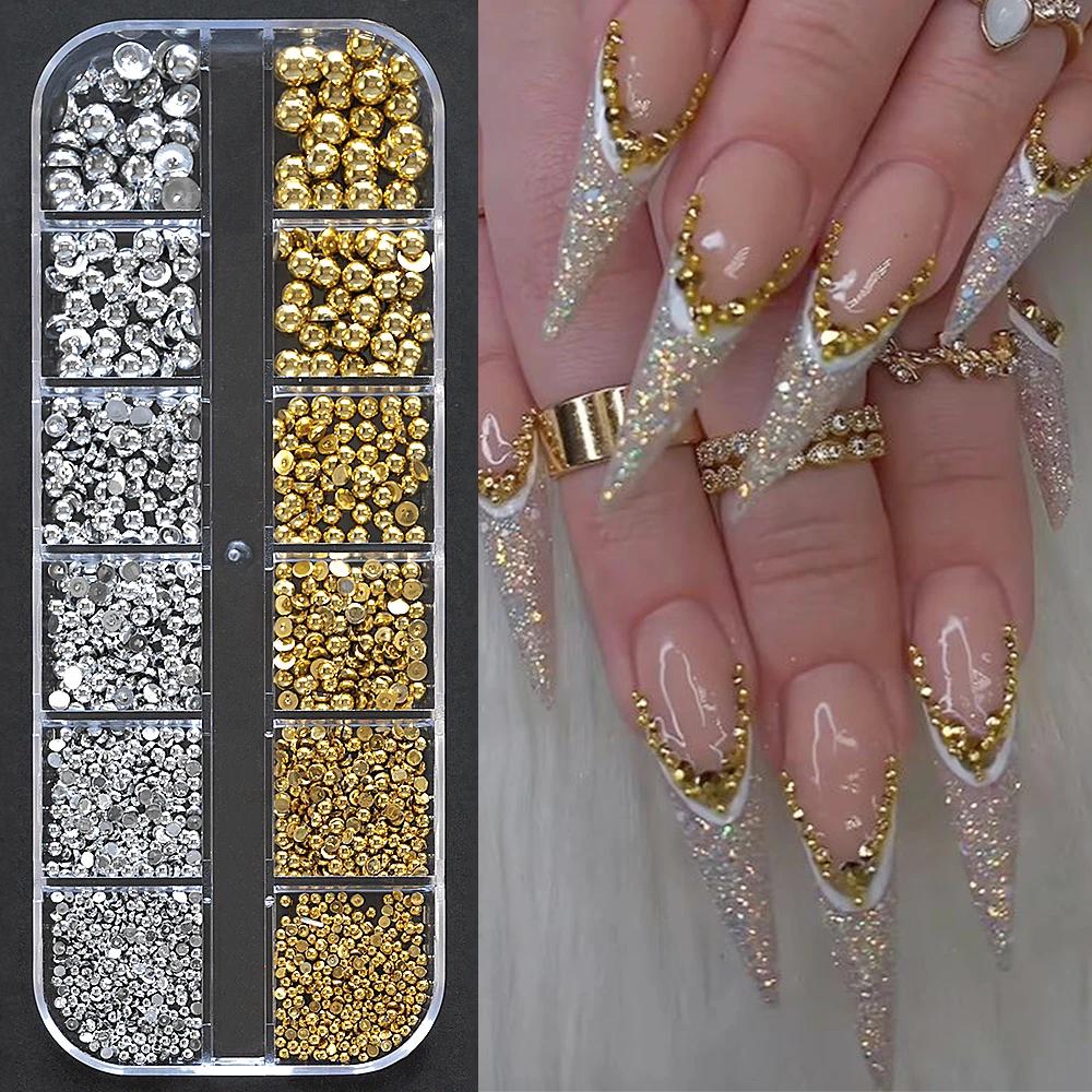 1 boîte de strass demi-ronds à dos plat pour ongles, multi-tailles, perles métalliques or et argent,