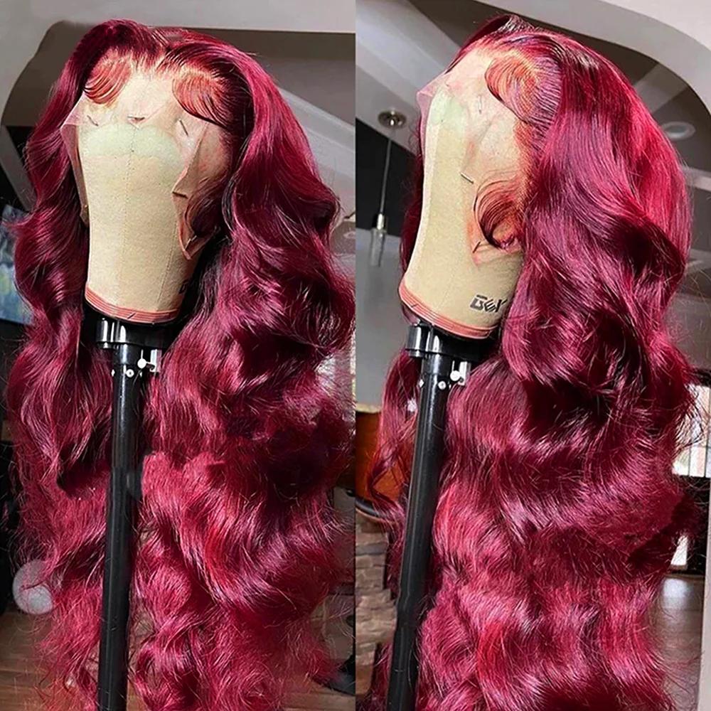 Perruque Body Wave Lace Front Wig Naturelle, Cheveux Humains, Couleur Rouge Bordeaux 99J, Transparen