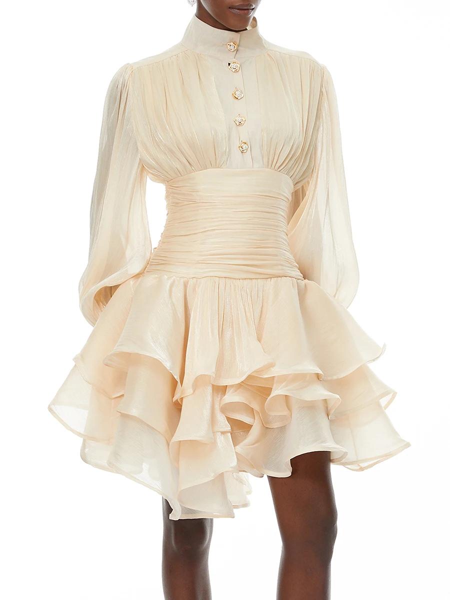 TWOTWINSTYLE élégant minceur épissé volants plis Mini robes pour les femmes col montant manches long