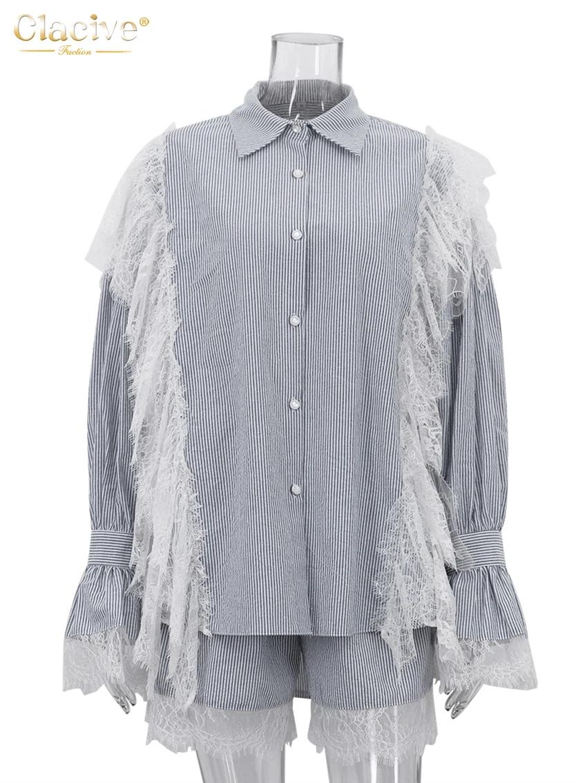 Clacive mode ample gris rayure dentelle épissé femmes deux pièces ensemble élégant à manches longues