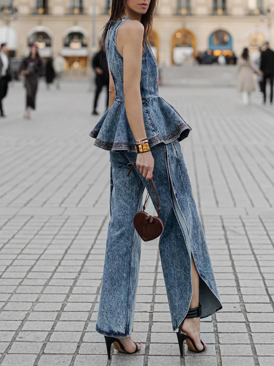TWOTWINSTYLE Ensemble deux pièces en jean à plis superposés pour femme, haut chic sans manches à col