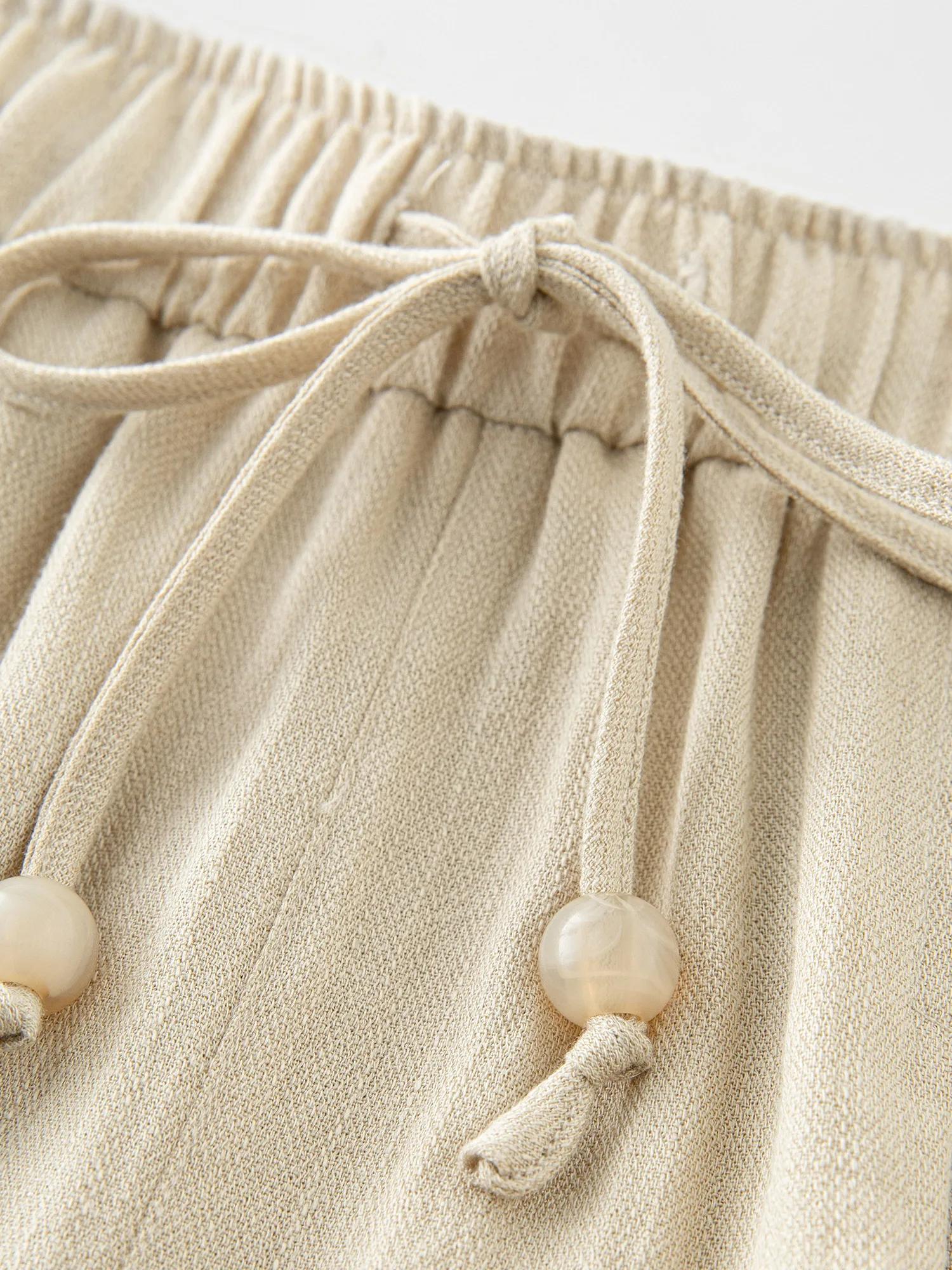 FSLE minimalisme Style lin droit élastique taille haute pantalons décontractés pour les femmes été 2