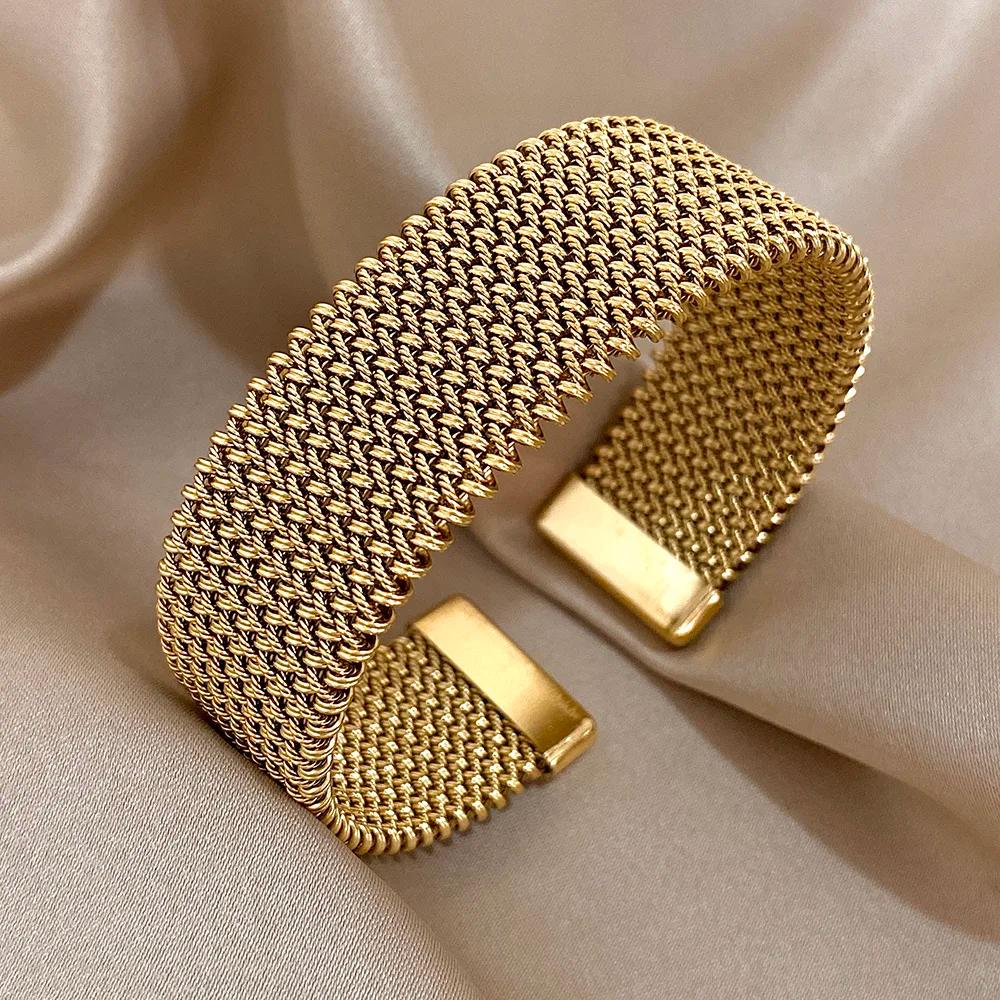 Bracelets manchette doré tissés Vintage pour femmes, élégants, tendance, en acier inoxydable, épais,