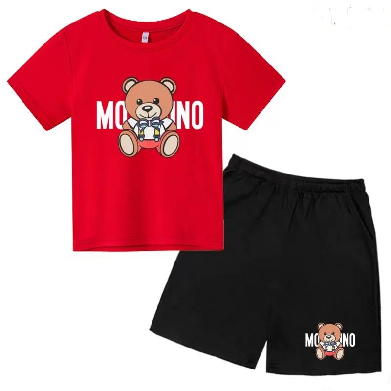 T-shirt d'été à col rond pour enfants, ensemble deux pièces avec imprimé ours Kawaii pour filles et
