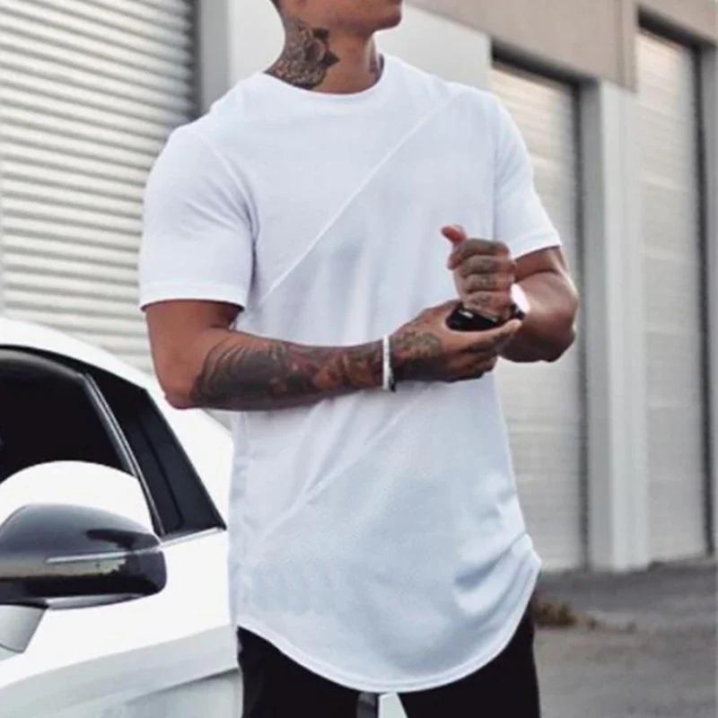 T-shirts de course unis hommes décontracté coton Patchwork maille chemises Sumemr vêtements de sport