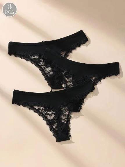 Awesomea 3 pièces de sous-vêtements avec nœud en dentelle pour femme – Culotte taille basse douce et