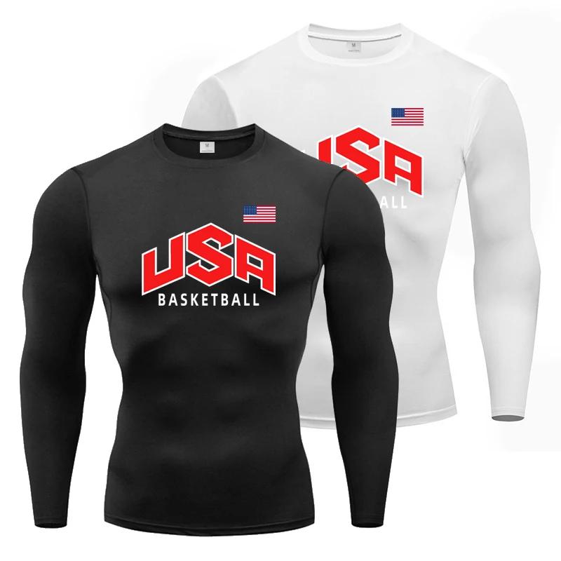 Drapeau américain basket-ball athlétique hommes course T-Shirt Compression à manches longues T-Shirt