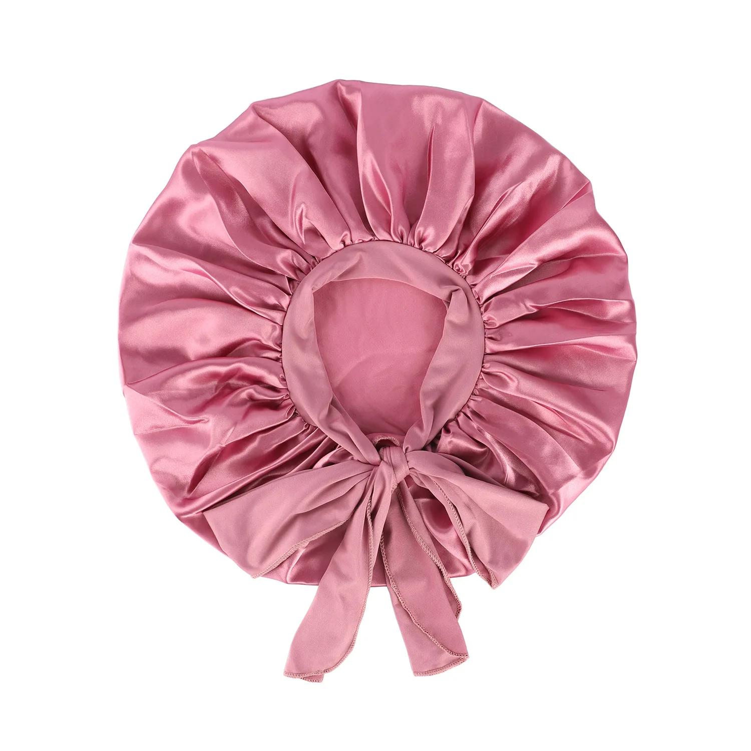 Grand Bonnet en Satin pour femmes, Bonnet de nuit soyeux avec bandeau à nouer extensible, bonnet de