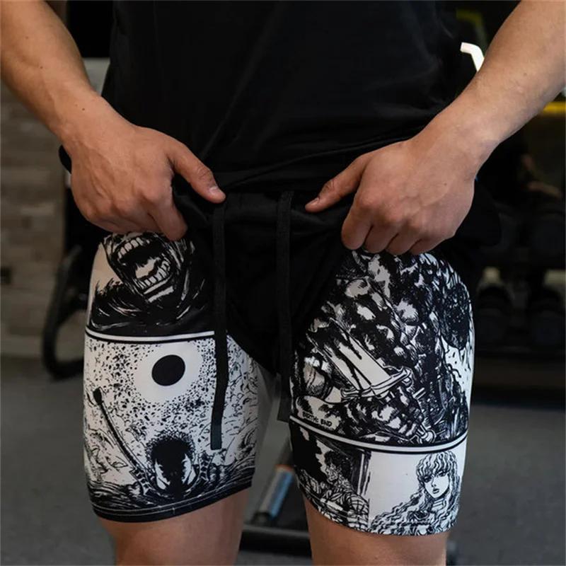 Anime sport Fitness course Jogging Performance Shorts hommes Shorts 2 en 1 bicouche Shorts imprimer