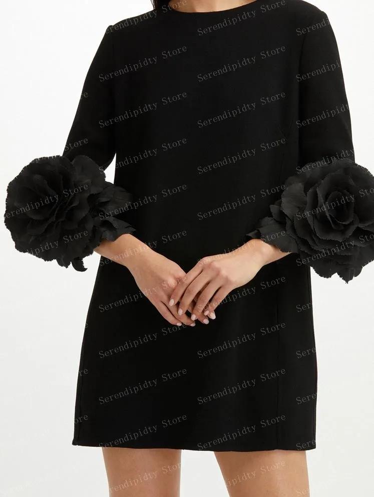Robe en Satin à col rond pour femmes, manches longues, robe droite à fleurs, mini-robe à roses noire