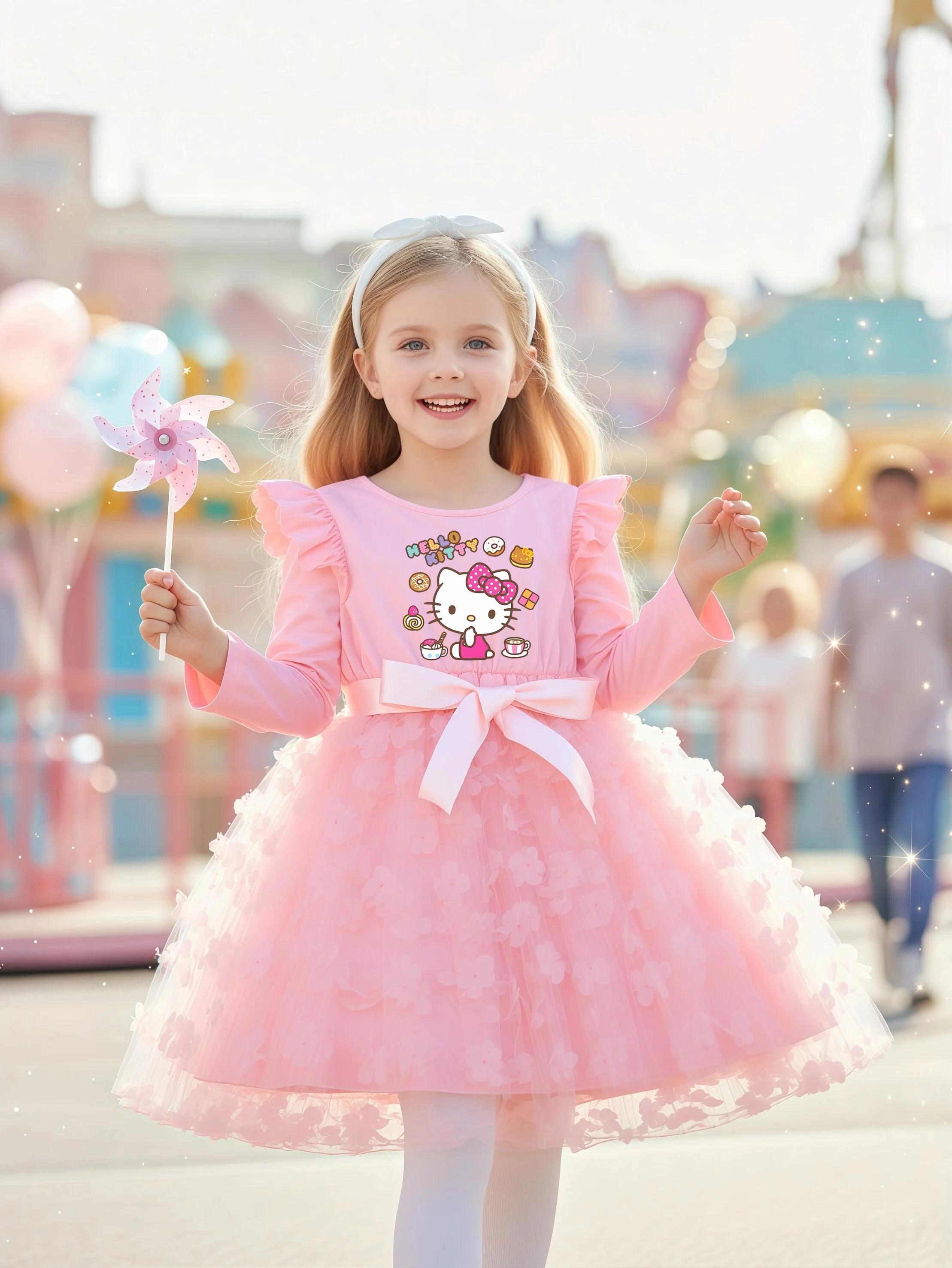Robe d'automne Hello Kitty pour filles, tenue décontractée avec papillon 3D, robe de princesse d'ann