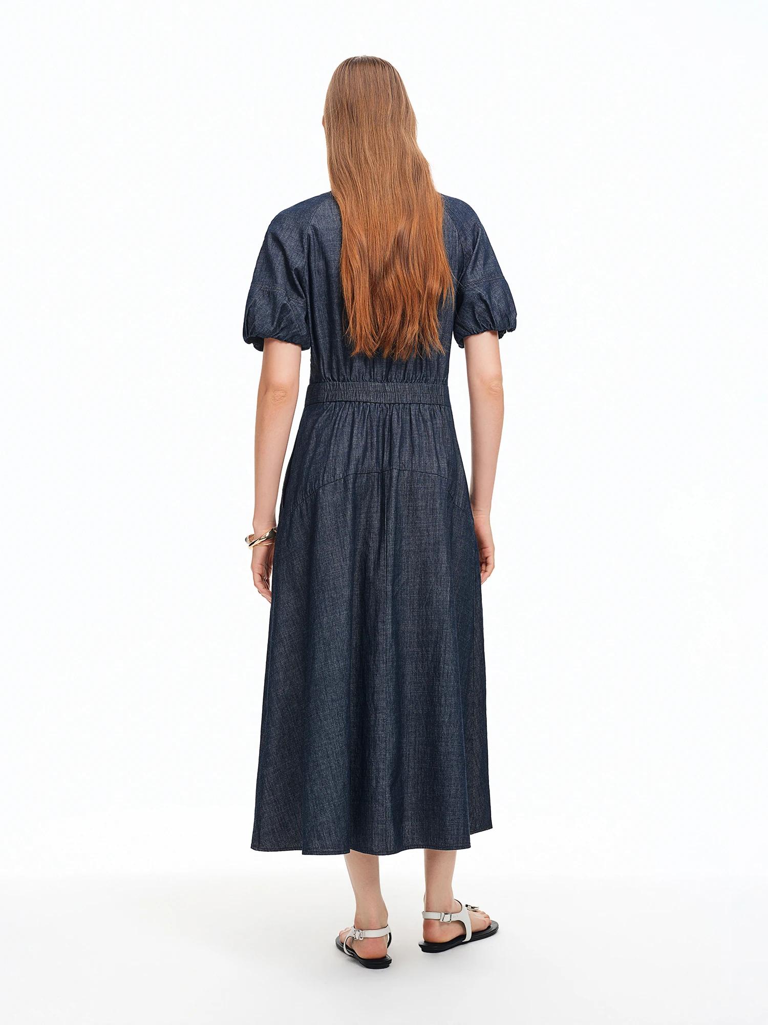 Robe longue DUSHU bleu marine à col en V et bretelles en jean, nouvelle collection été 2026, élégant