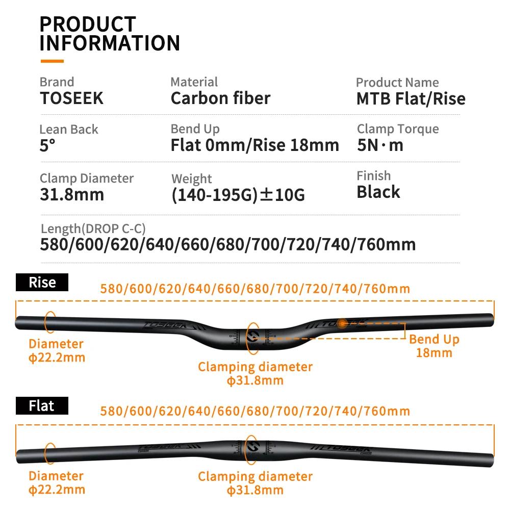 TOSEEK – guidon de vtt en carbone noir mat pour accessoires de vélo de montagne, 31.8x580-720/740/76