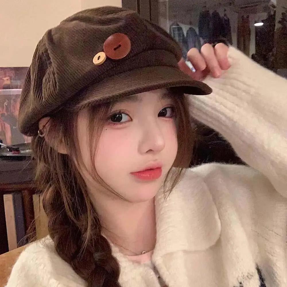 Béret Vintage en velours côtelé pour femmes, casquette octogonale à boutons coréens, chapeaux d'arti