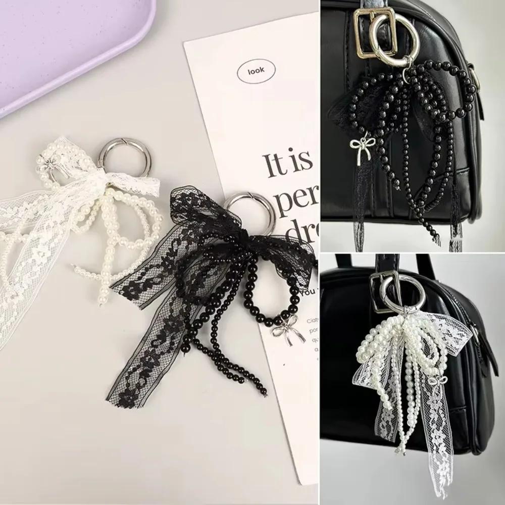 Porte-clés en dentelle mignon, nœud blanc/noir, pendentif de sac, chaîne de téléphone, accessoire d'