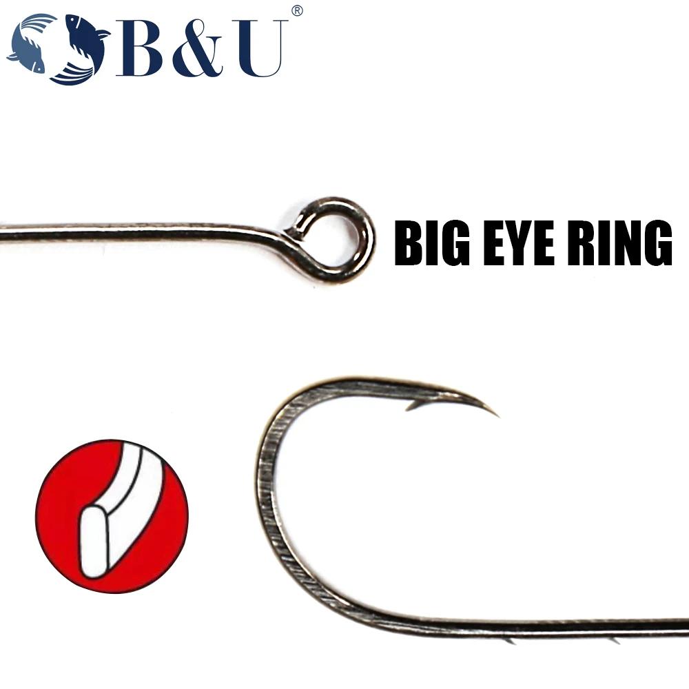 B & U-Hameçon de pêche Big Eye, longue tige, barbelé, rond, joint plié, grand anneau, ver, crochet,