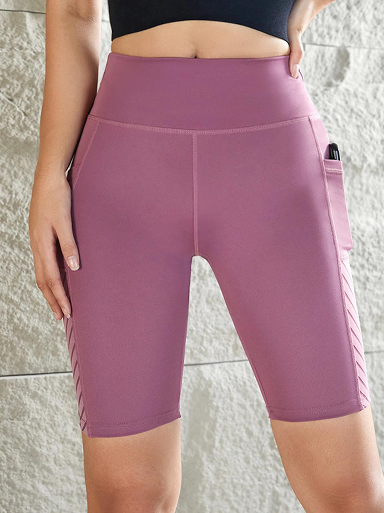 Short de yoga femme longueur genoux - Pantalon fitness taille haute avec poches et séchage rapide