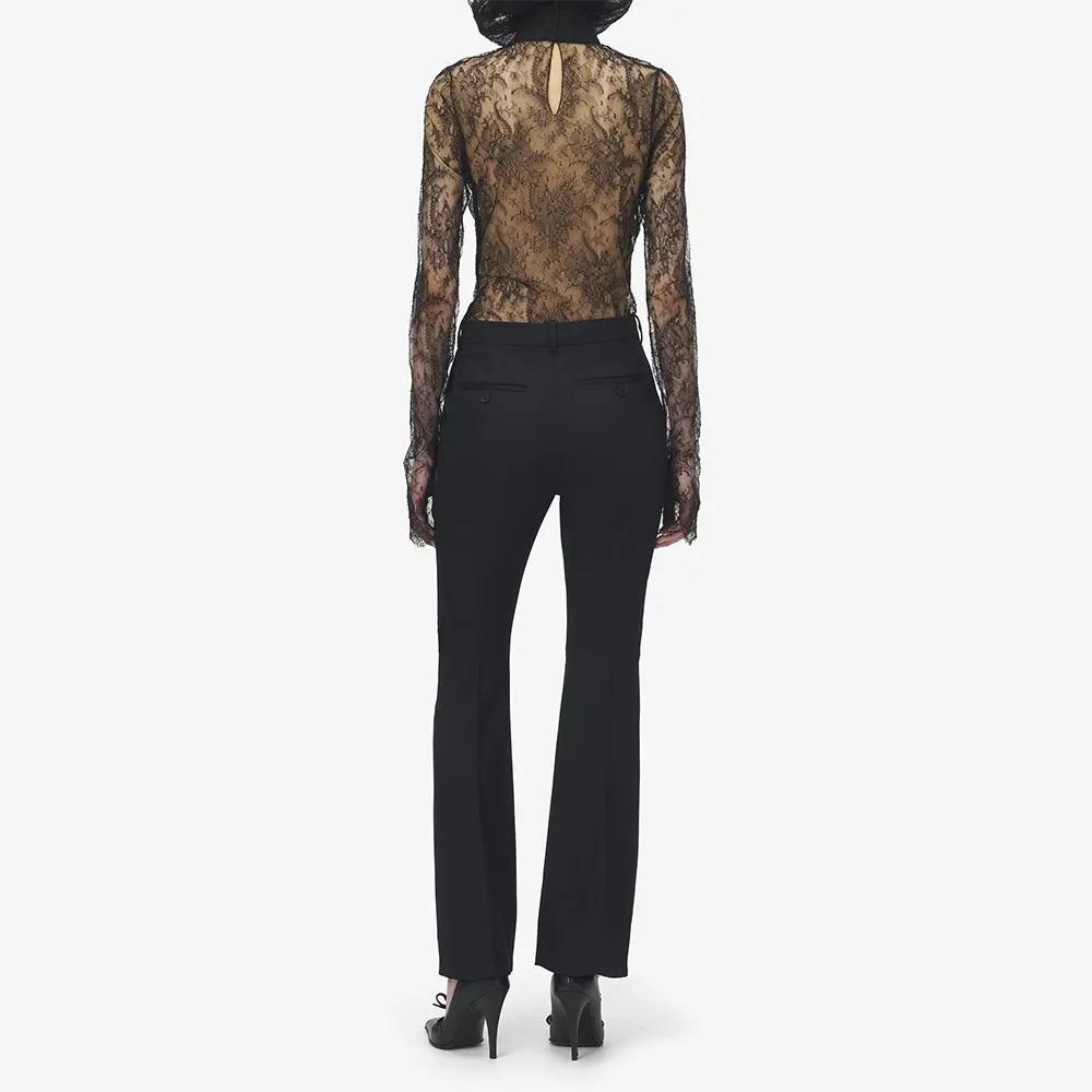 TWOTWINSTYLE Chemise chic en dentelle noire à empiècements pour femme, col rond, manches longues, am