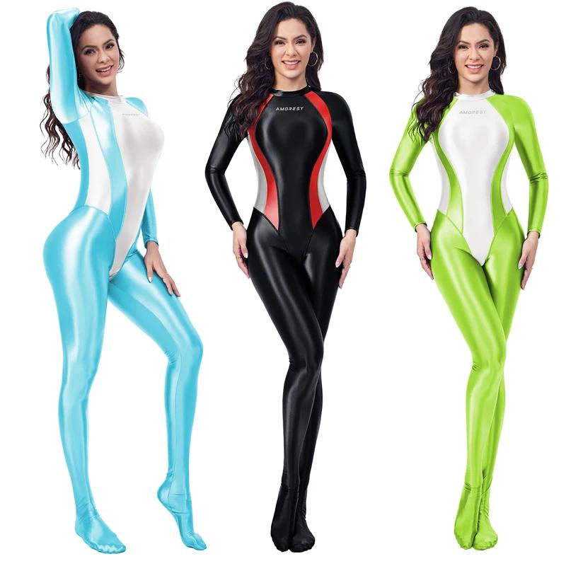 AMORESY brillant femmes corps costumes combinaison serrée huileux lisse brillant sport cyclisme Fitn