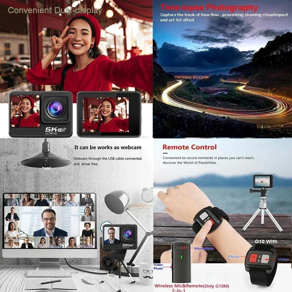 Caméra d'action 5K 4K60FPS EIS 48MP Wi-Fi double écran 170D 8X Zoom pré-enregistrement 30M caméra de