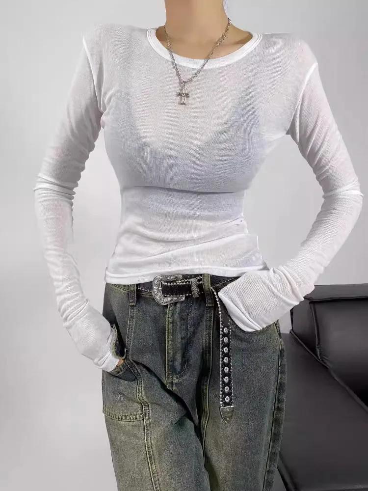 T-shirt semi-transparent à manches longues et col rond pour femme, coupe slim, printemps et été