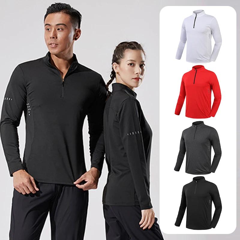 T-shirt de sport à manches longues pour hommes, coupe cintrée, demi-fermeture éclair, col montant, p