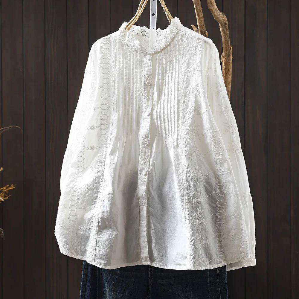 Vêtements de marque de luxe pour femmes, col montant, blanc, beige, bleu, dentelle brodée, chemises
