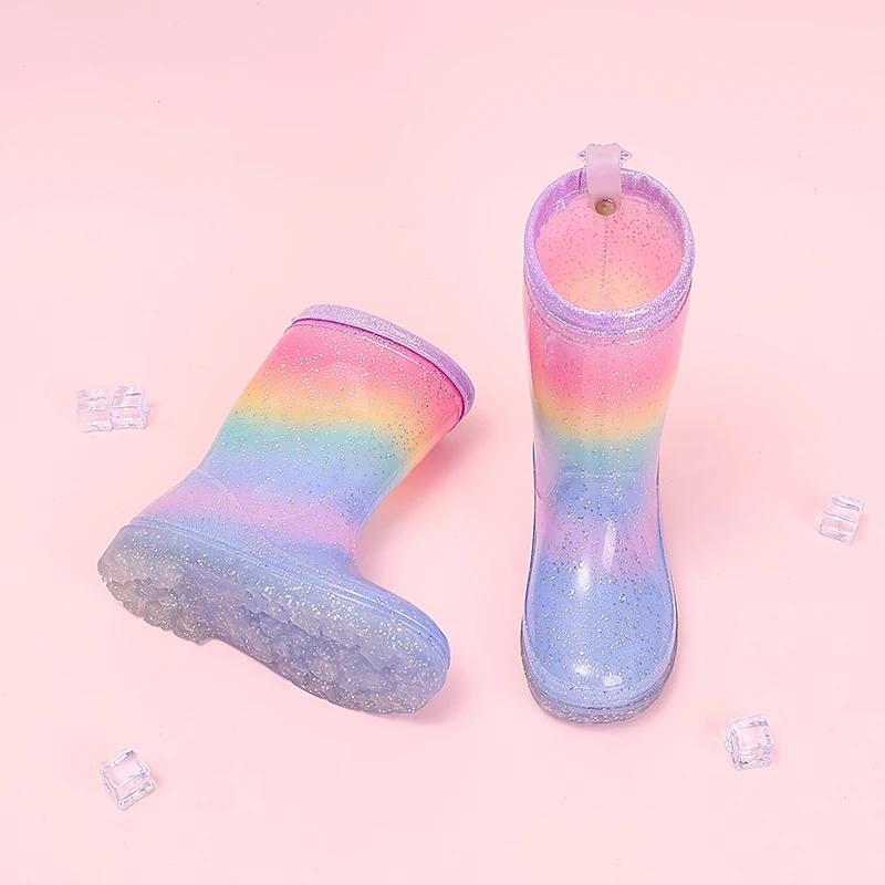 Bottes de pluie pour filles mignonnes quatre saisons, dégradé arc-en-ciel, paillettes, imperméables,