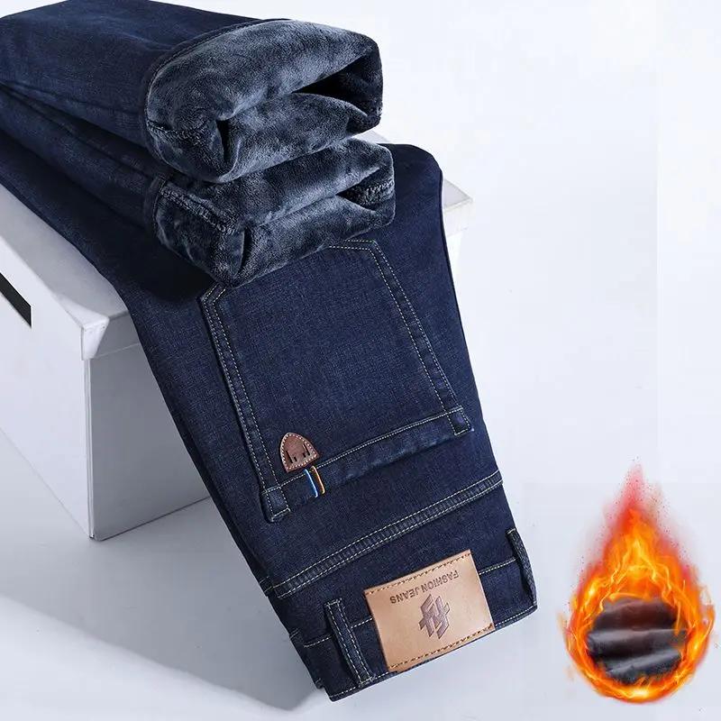 Hiver chaud polaire jean hommes épais thermique décontracté droit Denim pantalon mâle travail d'affa