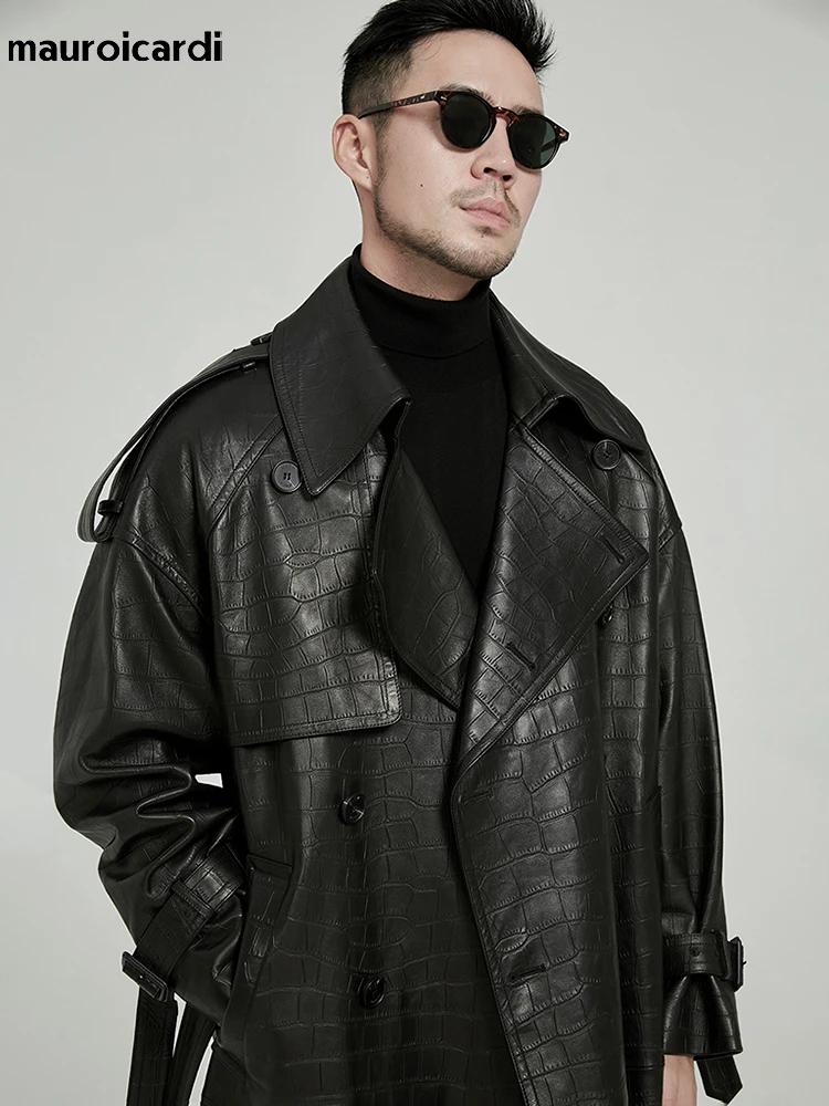 Mauroicardi printemps automne longue noir Crocodile imprimé Pu cuir Trench manteau hommes ceinture D