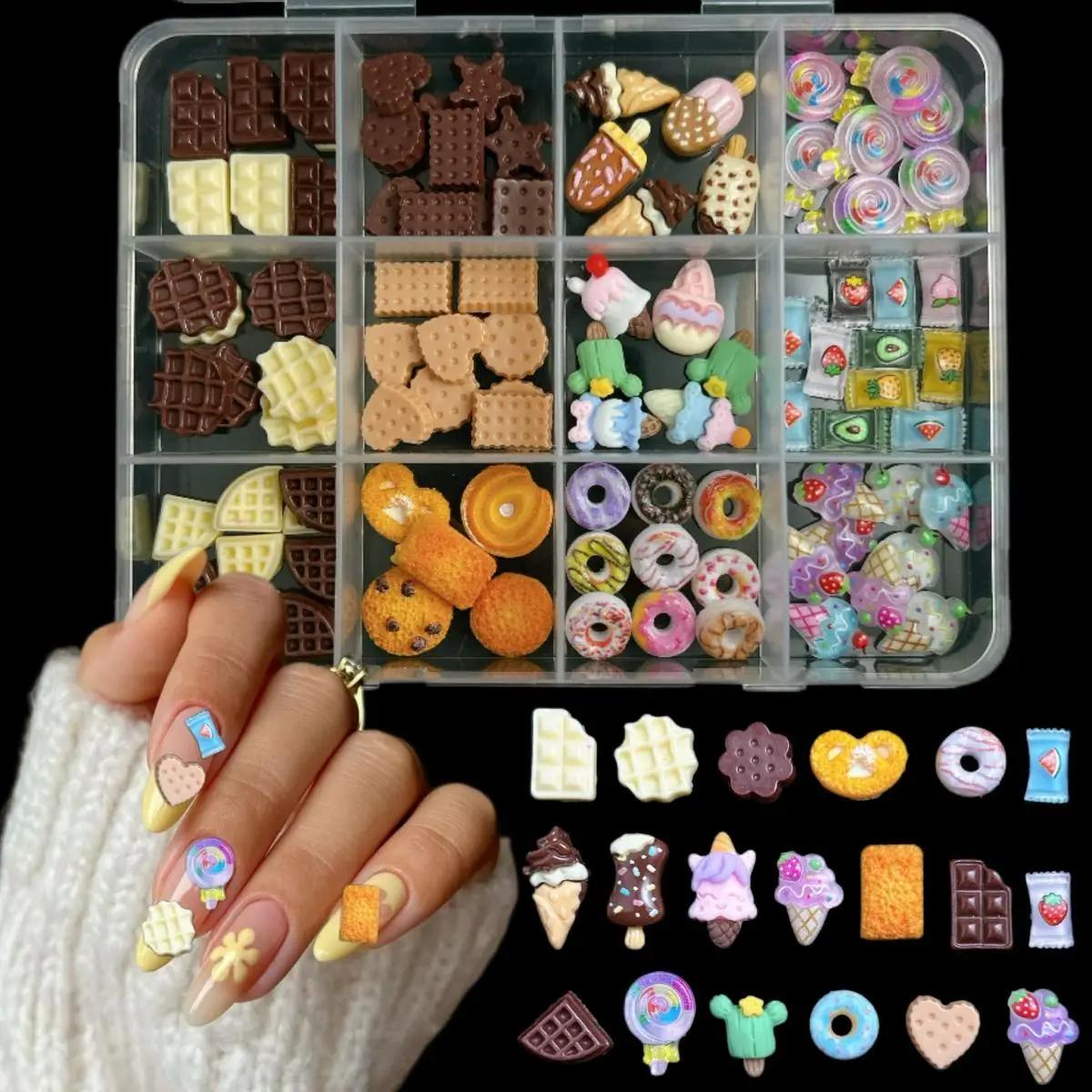 Biscuits au chocolat artificiels créatifs, 1 boîte, nail art, décorations en résine, nœuds colorés,
