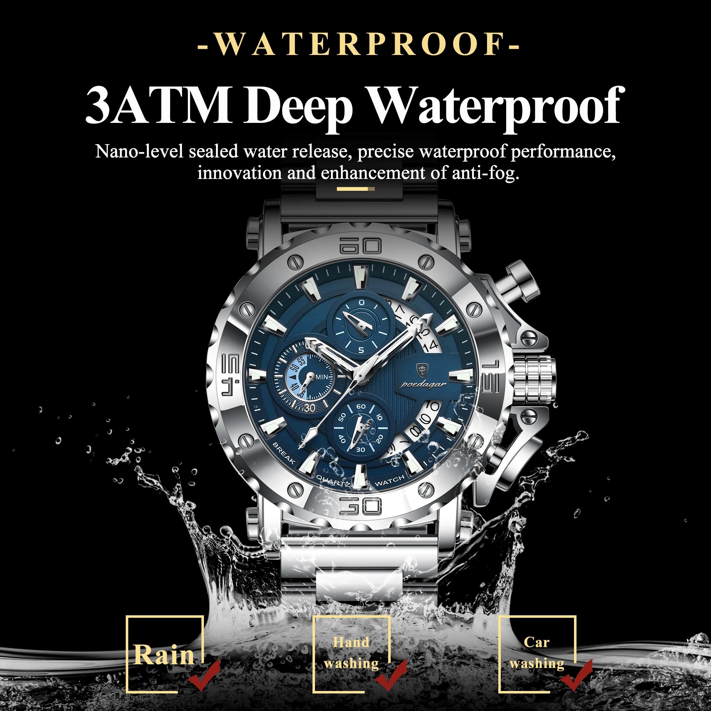 POEDAGAR montre pour hommes de luxe calendrier lumineux étanche homme horloge chronographe en acier