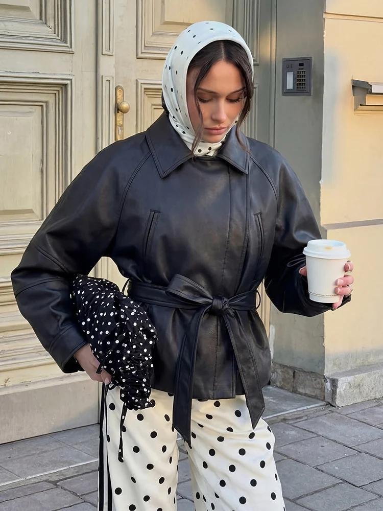 HH Spring Manteau court vintage pour femme en similicuir PU avec ceinture, à manches longues et col