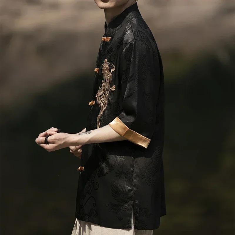 Robe traditionnelle chinoise d'été de haute qualité, chemise brodée de Dragon, vêtements pour hommes