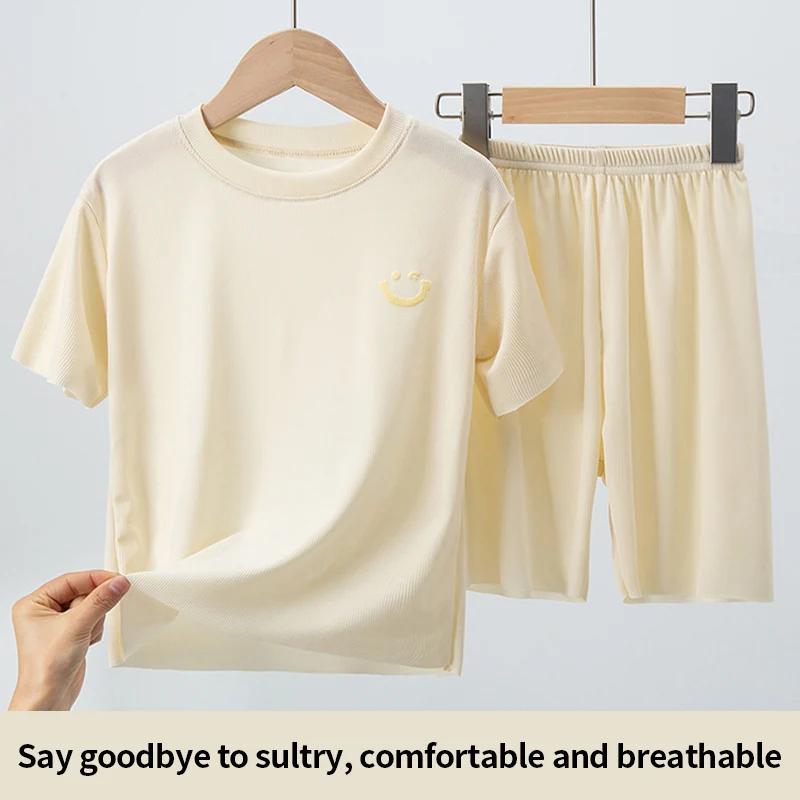 Pyjama en soie glacée pour enfants, objectifs fins à manches courtes d'été, ensemble 2 pièces de vêt