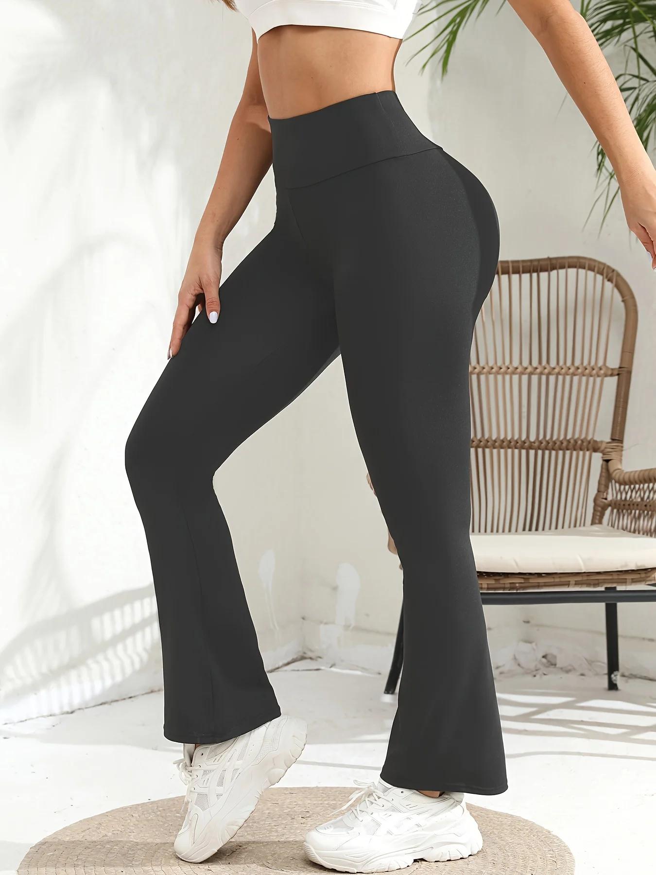 Pantalon évasé pour femme, Leggings de yoga taille haute, extensible, bouton cloche, jambes larges