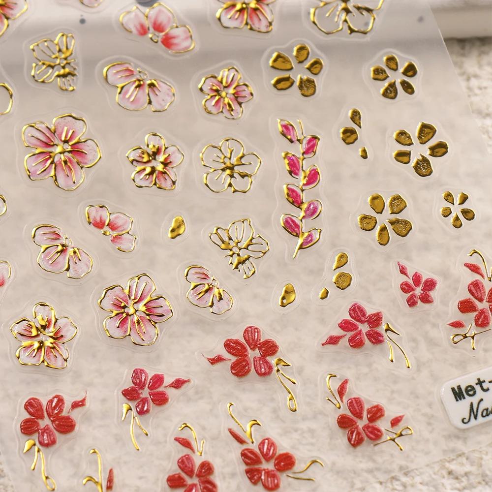 Autocollants 3D pour ongles, motif fleurs de cerisier, fleurs de pêcher, marguerites, feuilles dorée