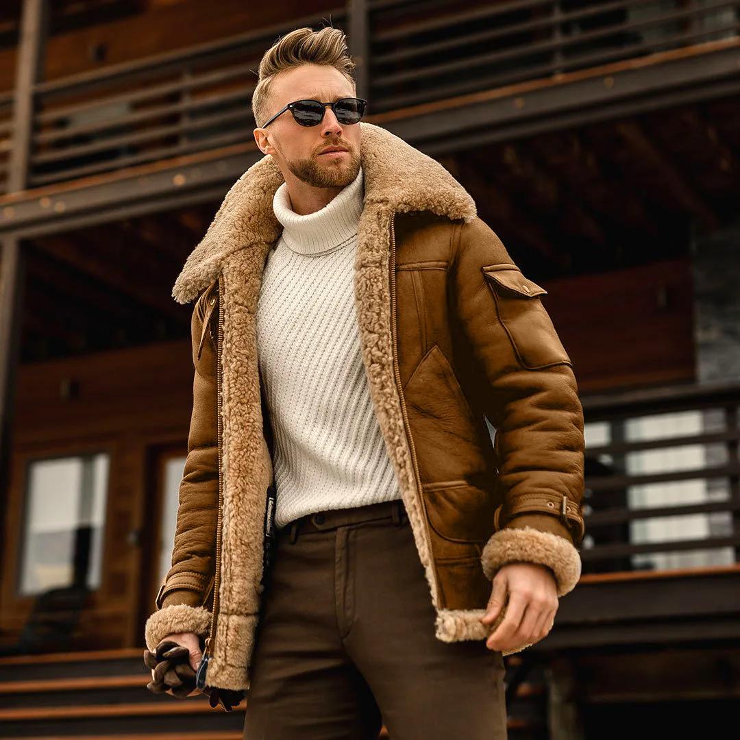 Veste d'hiver 2026 pour homme en peluche, style vintage, col rabattu, manteau cargo épais en polaire