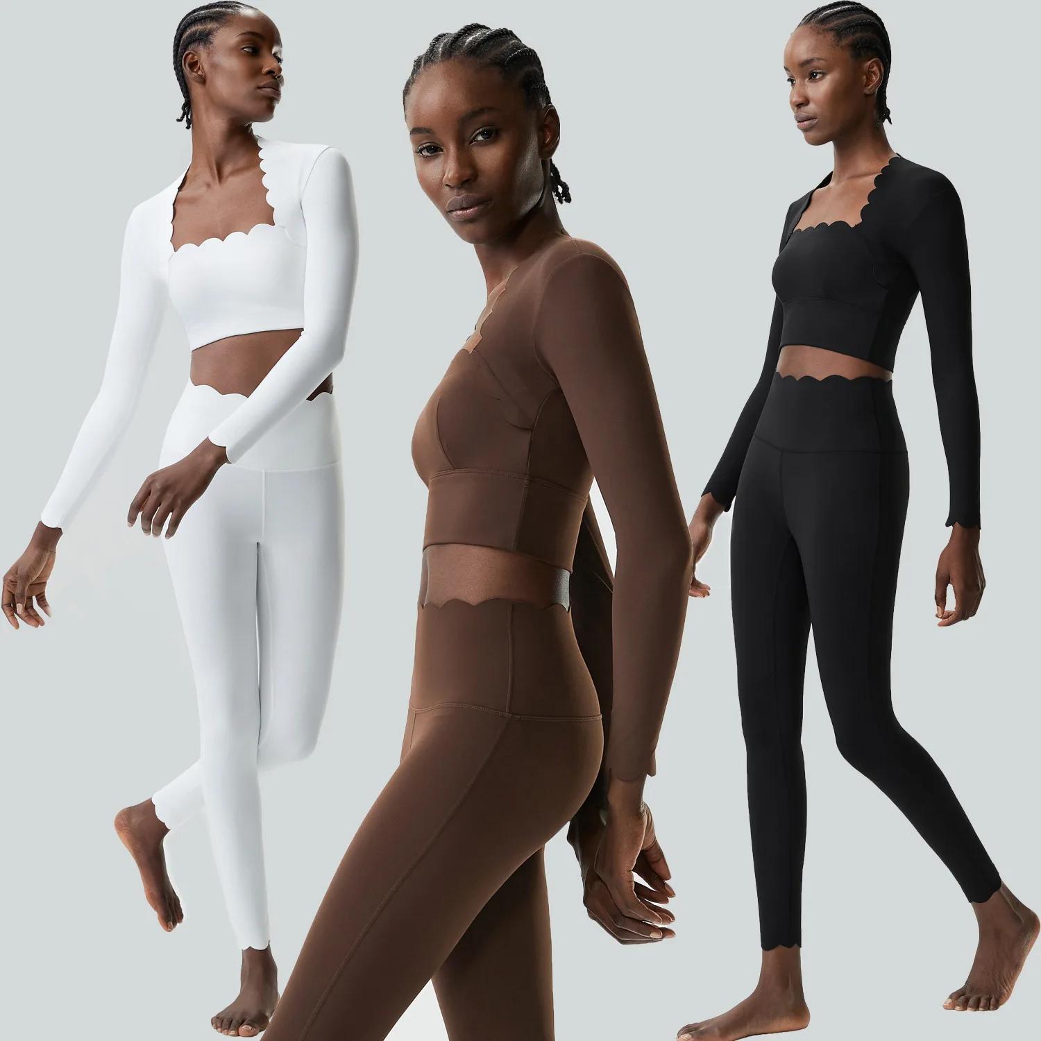 Ensemble de yoga fitness deux pièces pour femmes, couleur unie, manches longues, tenue de sport ajus