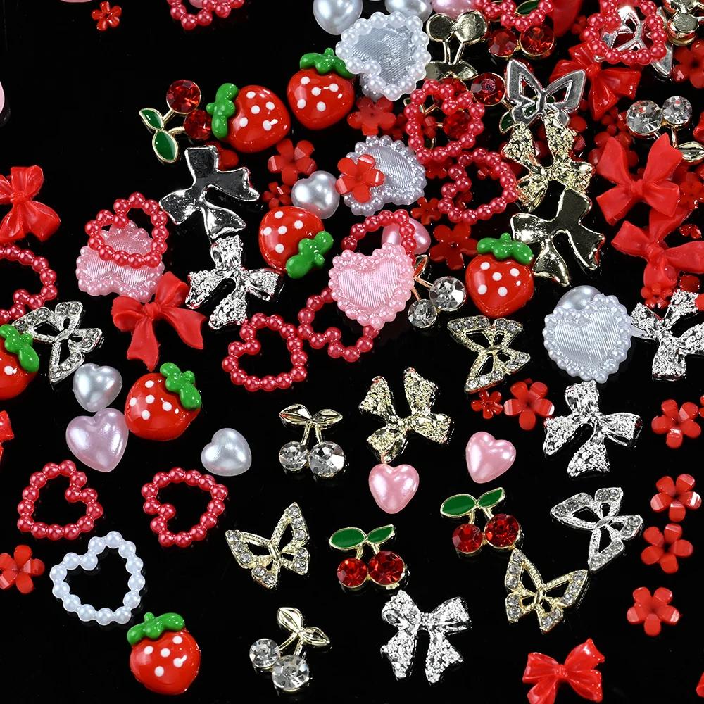Breloques pour ongles en résine rouge, 12 grilles, nœud mixte 3D, fraise, perle, cœur d'amour, Nail