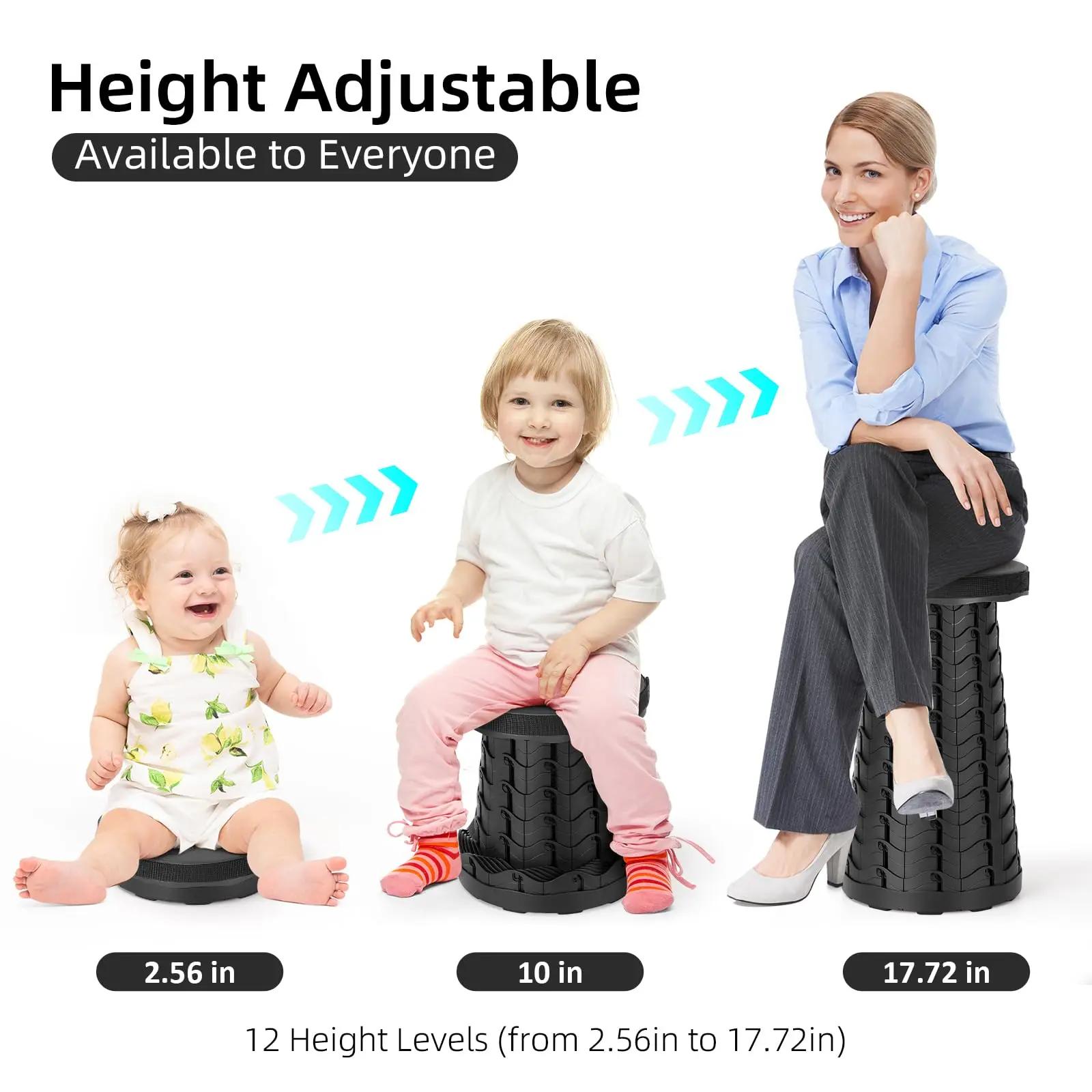 Tabouret télescopique pliable pratique avec hauteur et poignée réglables, adapté à la pêche, au camp