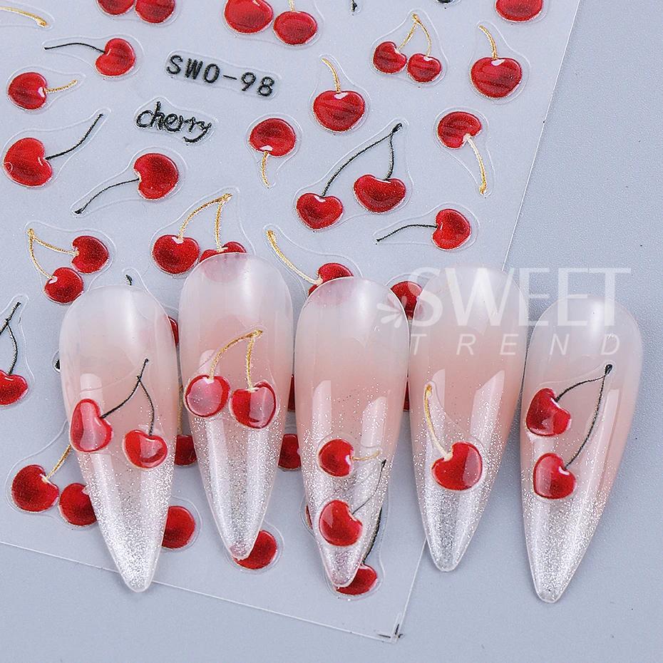 Autocollants pour ongles cerise rouge, 2 pièces, dessin animé fruits cerises tropicaux, Design d'été