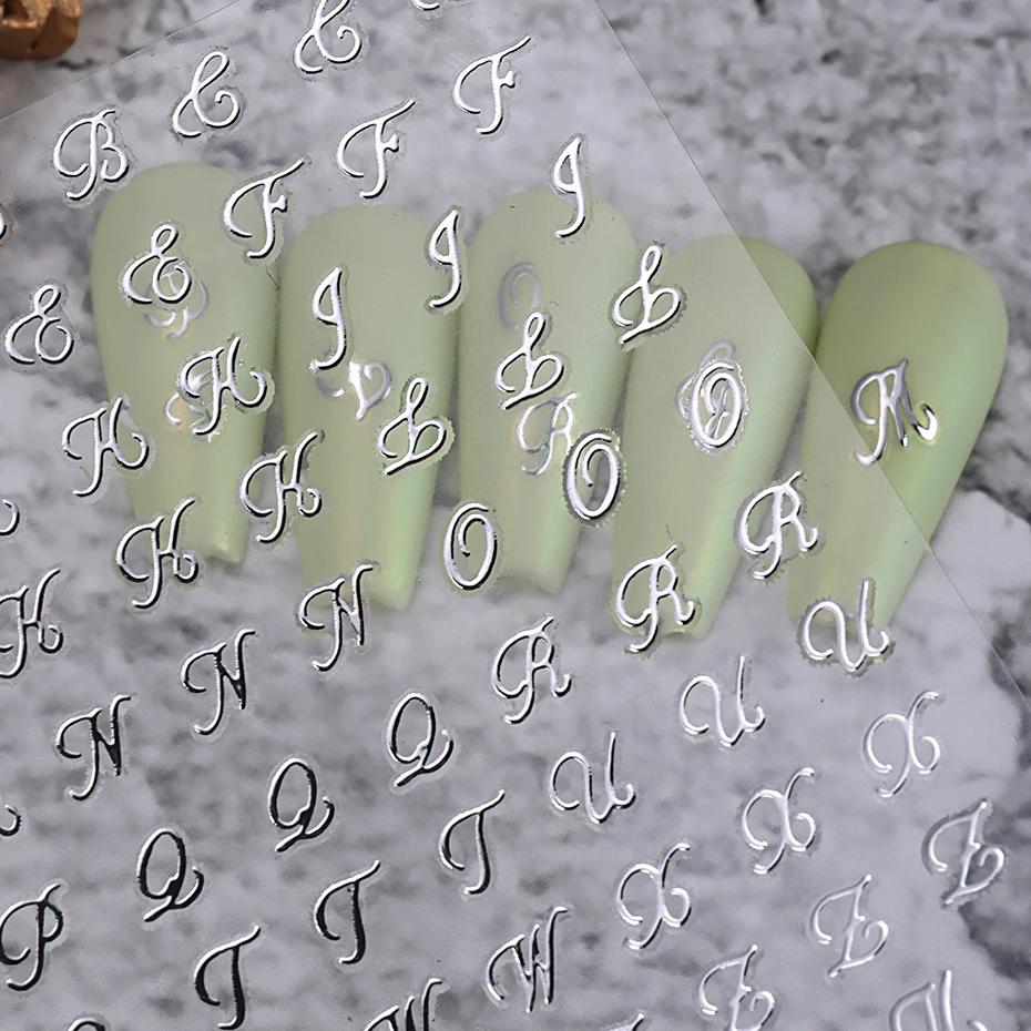 Autocollants pour ongles avec lettres romaines, 4 pièces, doré, argent, noir, blanc, Design Alphabet