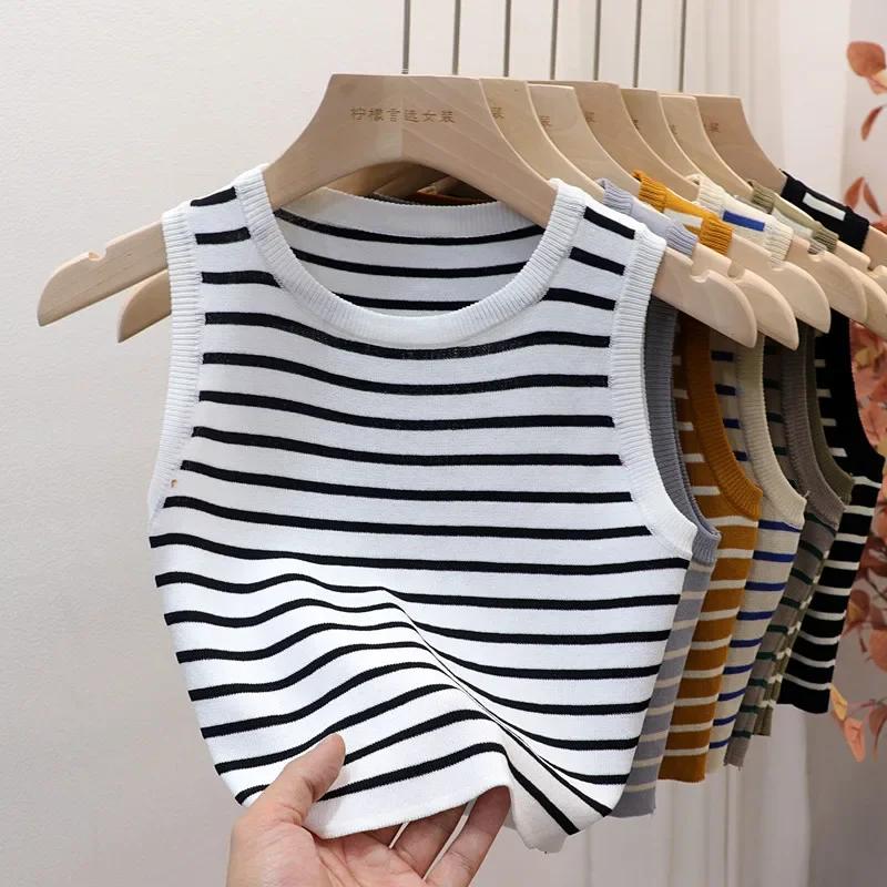 T-shirt court et slim à rayures pour femmes, gilets courts et décontractés, chemises d'été et de pri