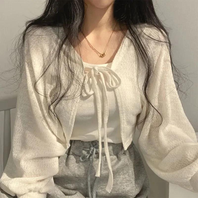 Cardigan Blanc Fin à Lacets pour Femme, Tricot d'Été, Protection Solaire, Mode Coréenne, Manches Lan