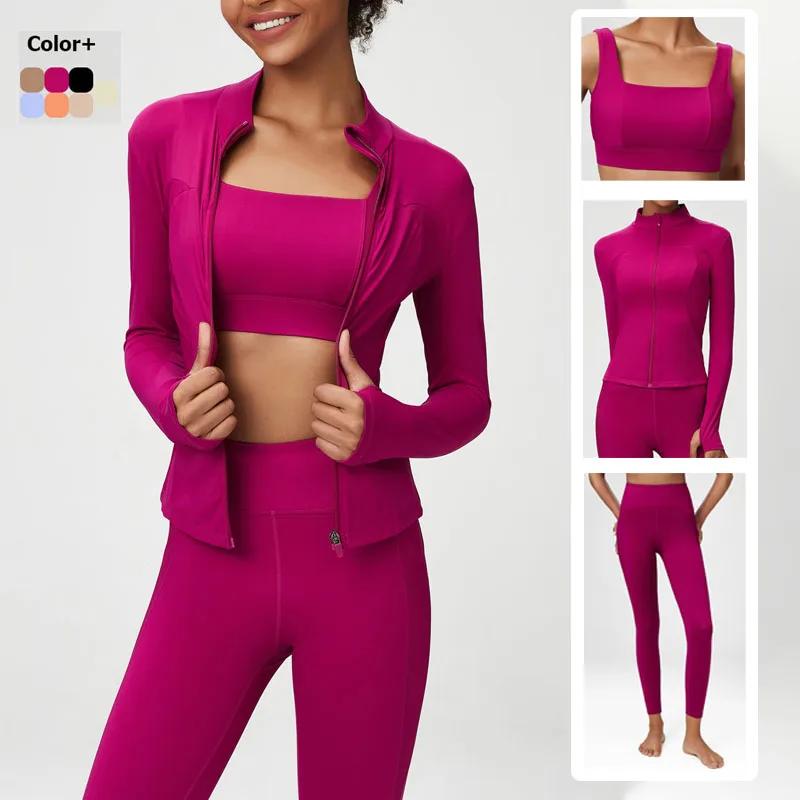 Ensemble yoga fitness femme couleur unie - Soutien-gorge sexy veste leggings 2/3 pièces